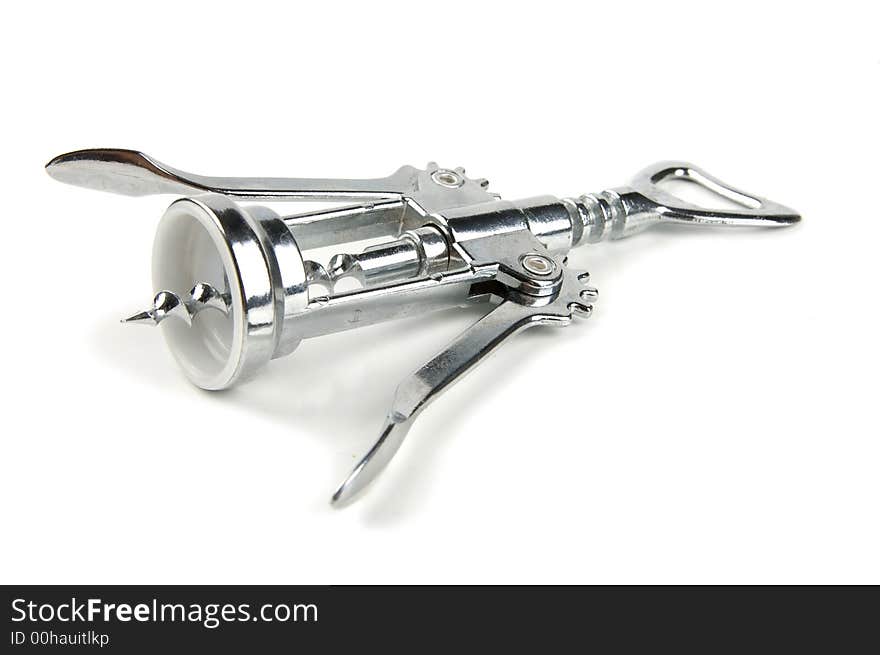 Chrome metal corkscrew on white isolated