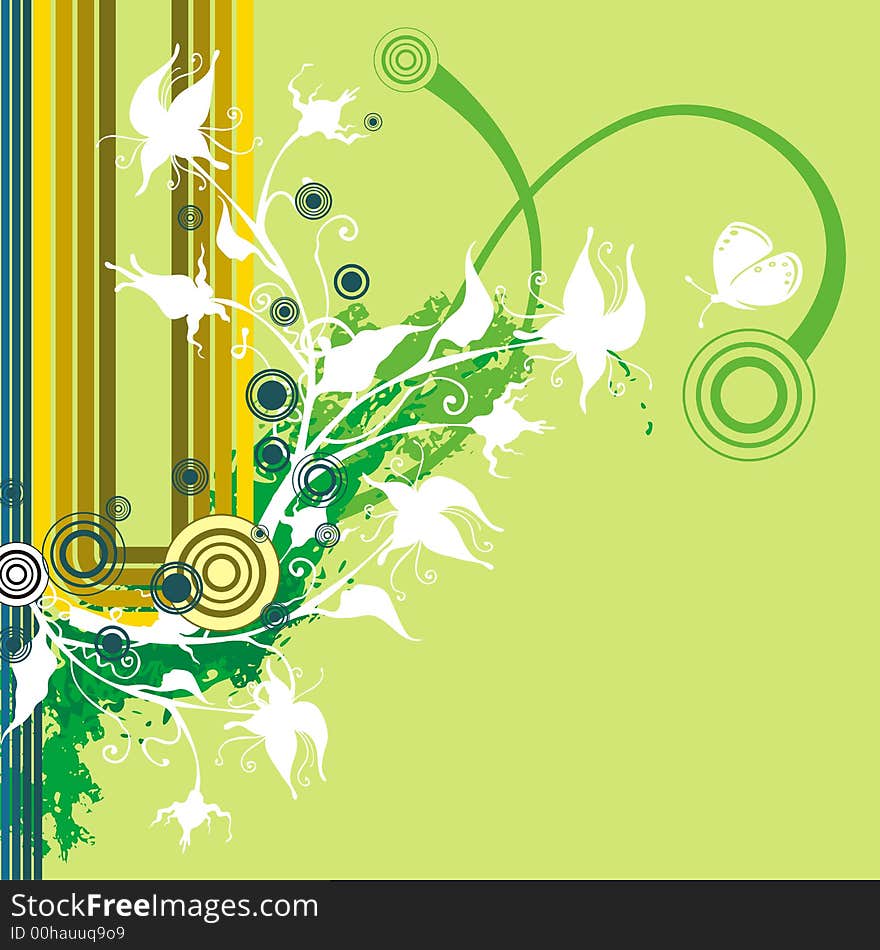 Floral grunge background with a butterfly, designed in green, brown, yellow and white colors.