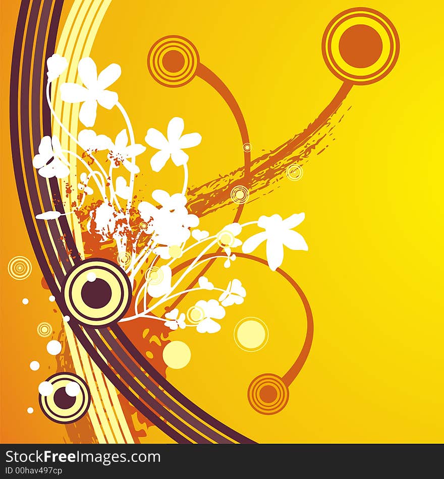 Floral grunge background in brown, yellow, red and white colors.