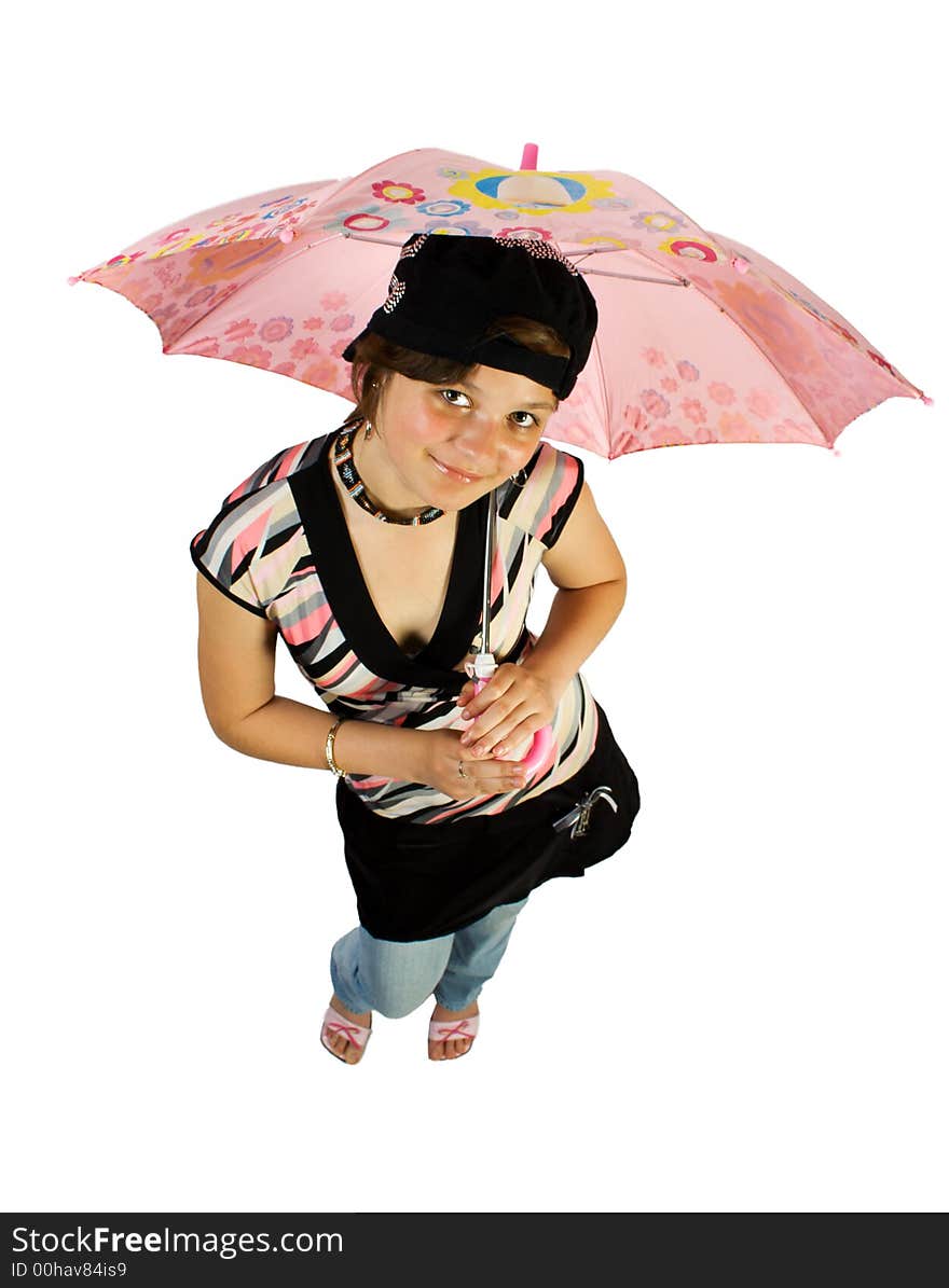 Young girl with umbrella. Isoalte on white.