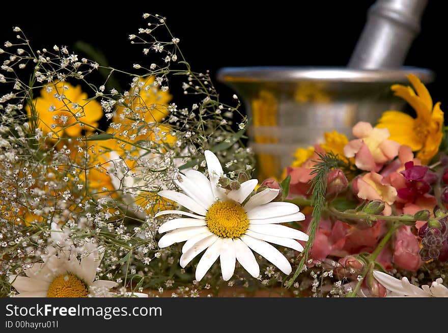 An image of mortar and flowers. An image of mortar and flowers