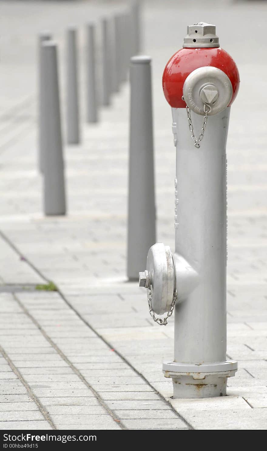 Red hydrant on the footway.