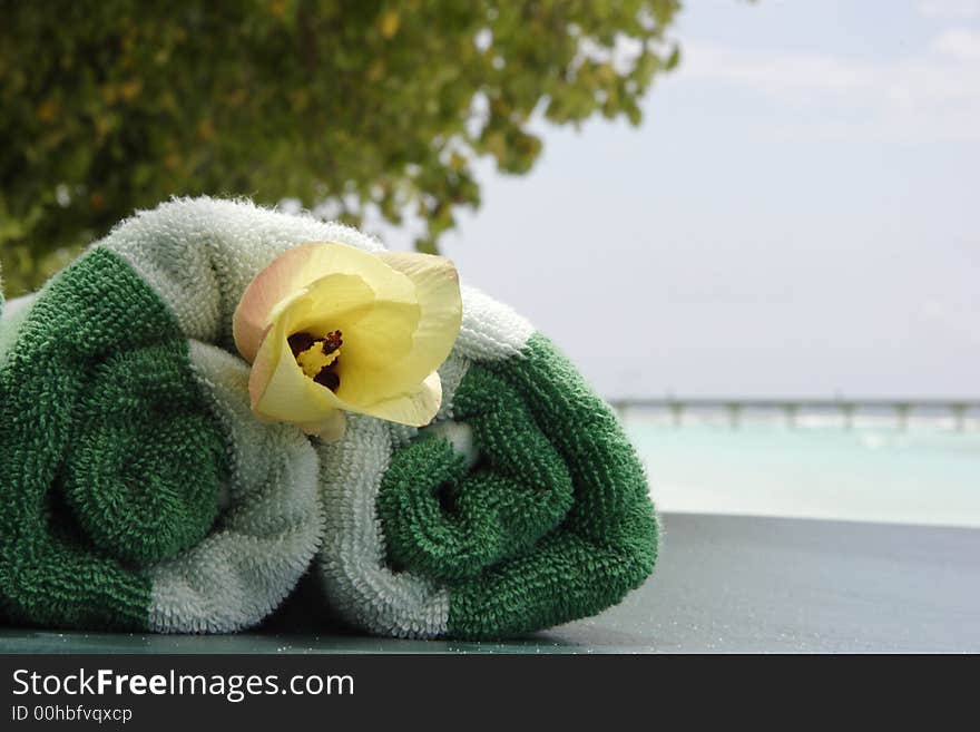 Towel with flower. Ocean on background. Towel with flower. Ocean on background.