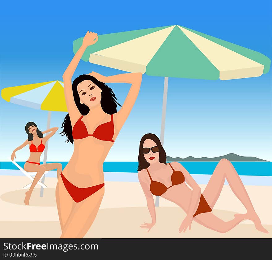 Attractive girls on beach - vector illustration