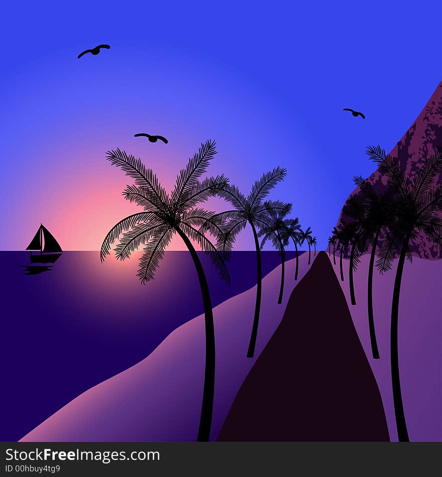 Beautiful summernight at the beach with palmtrees and a sailboat