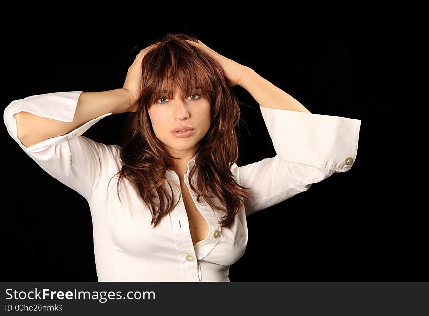 Beautiful Caucasian Woman With Red Messy Hair on Black