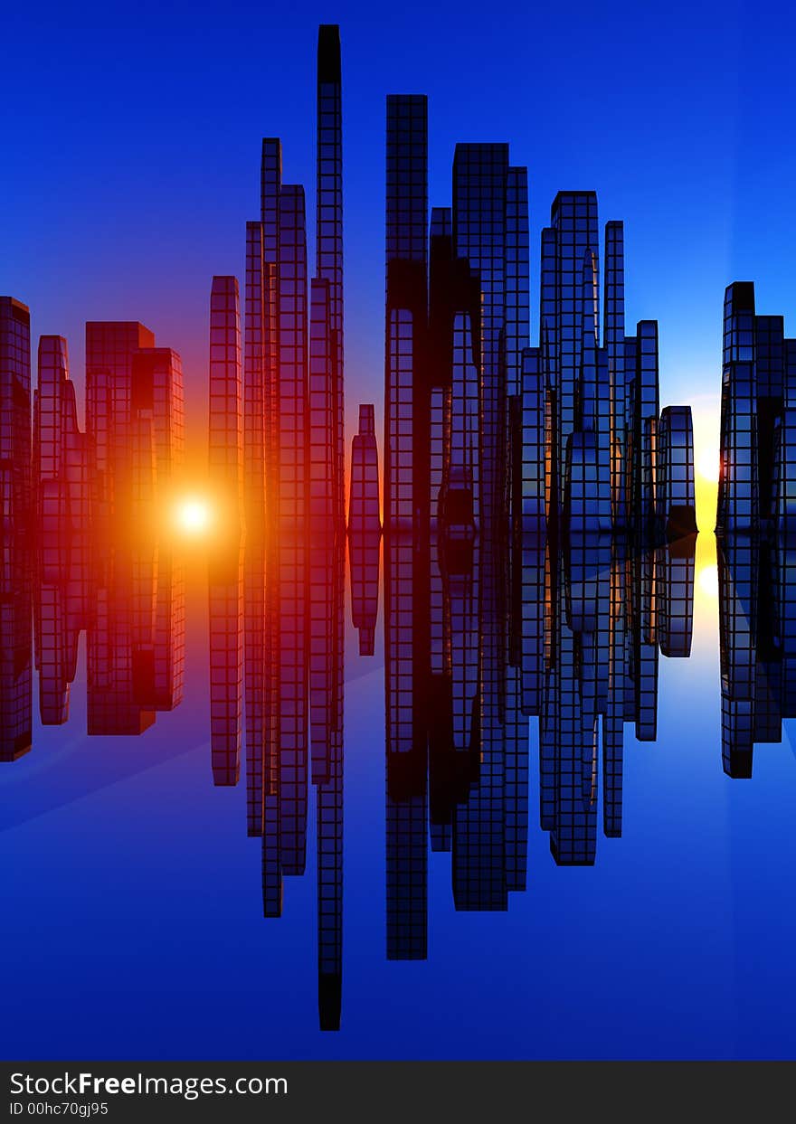 An image of a city by some reflective water the city is designed to look like a bar graph soundwave. An image of a city by some reflective water the city is designed to look like a bar graph soundwave.