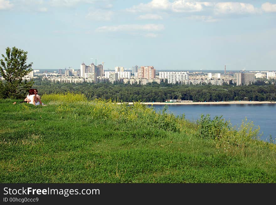 River, couple and meadow, Kiev. River, couple and meadow, Kiev