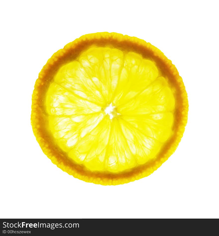 Back-lit orange slice on a white background with clipping path. Back-lit orange slice on a white background with clipping path