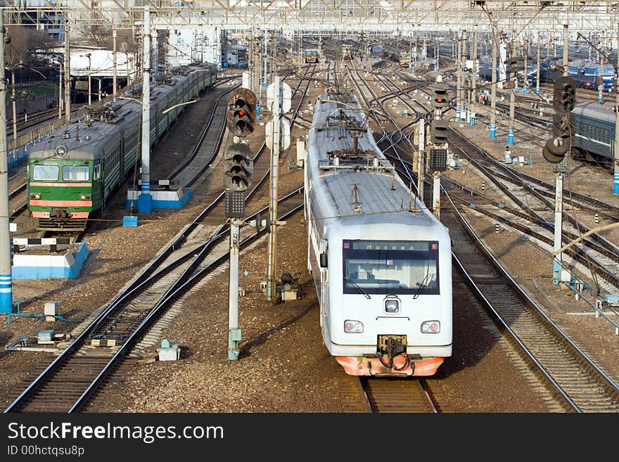 Railway tracks and trains at large terminus. Railway tracks and trains at large terminus