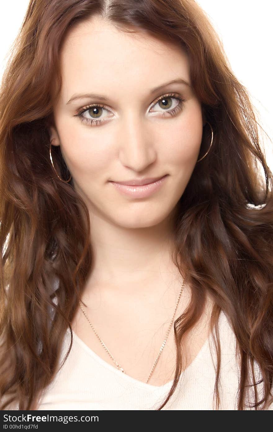 Portrait of young cheerful woman, over white background