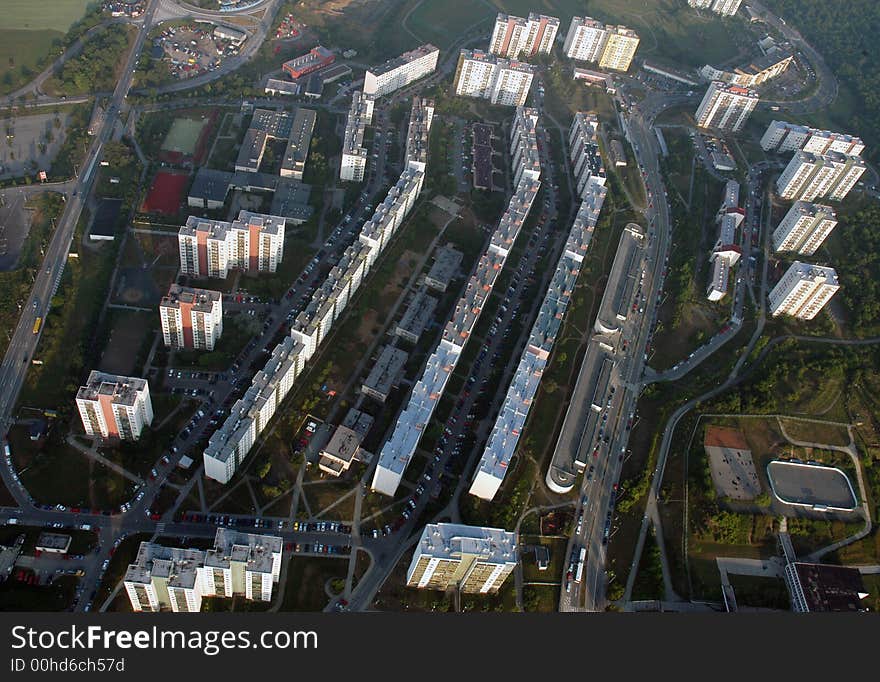 Air view of oan urban settlement with high blocks of flats