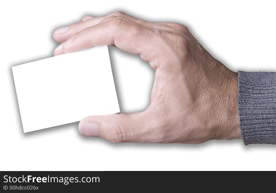 Man holding a blank business card.