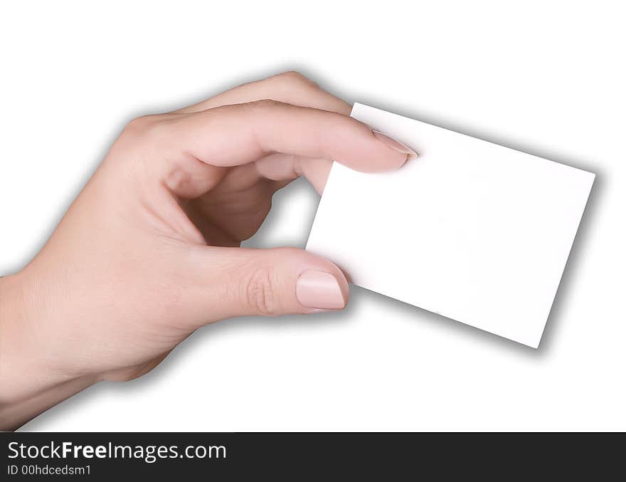 Woman holding a blank business card.