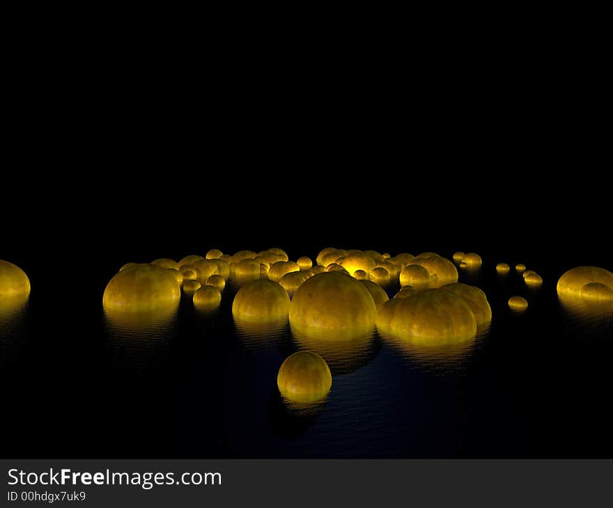 Abstract 3d render background with golden spheres merging together