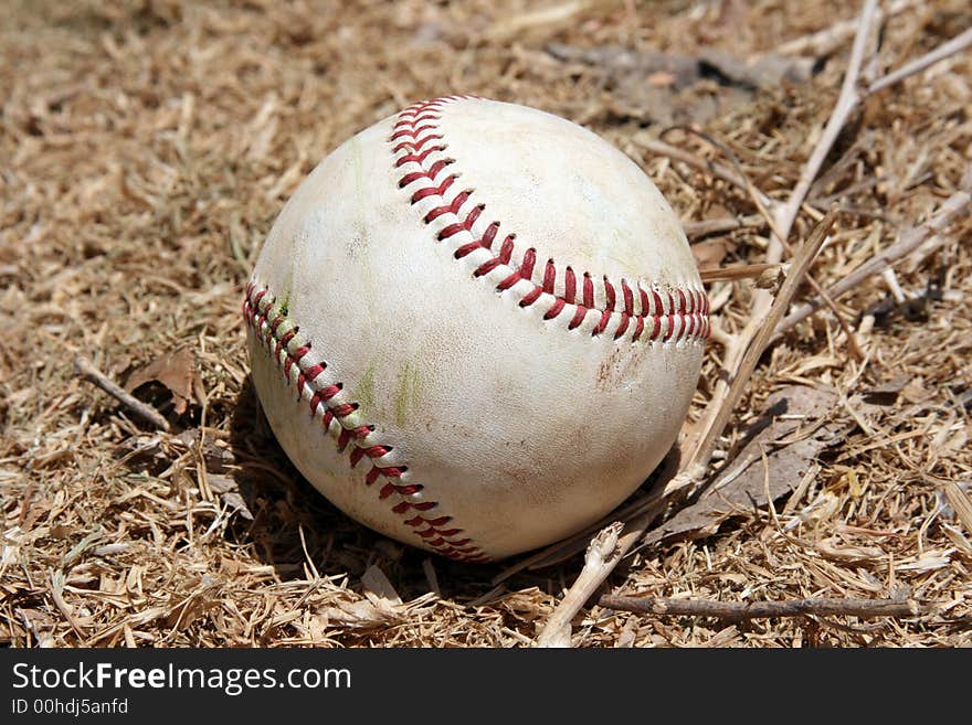 A photo of a baseballl laying in twigs / hay. A photo of a baseballl laying in twigs / hay...