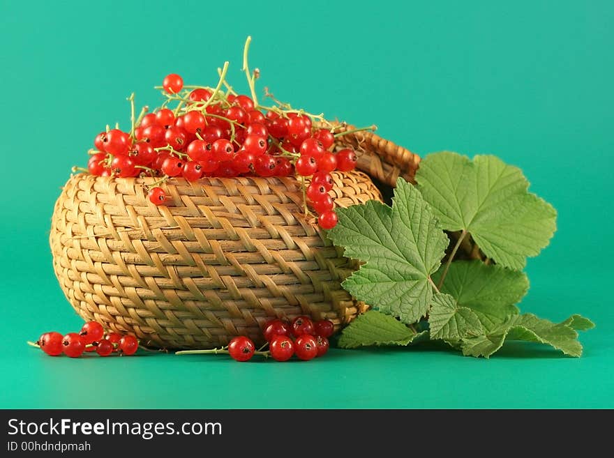 Berries of a red currant in a basket on a green background. Berries of a red currant in a basket on a green background.