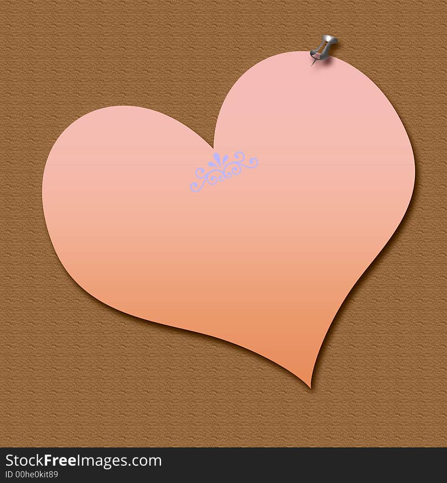 Pink heart shaped note thumbtacked on textured background. Pink heart shaped note thumbtacked on textured background