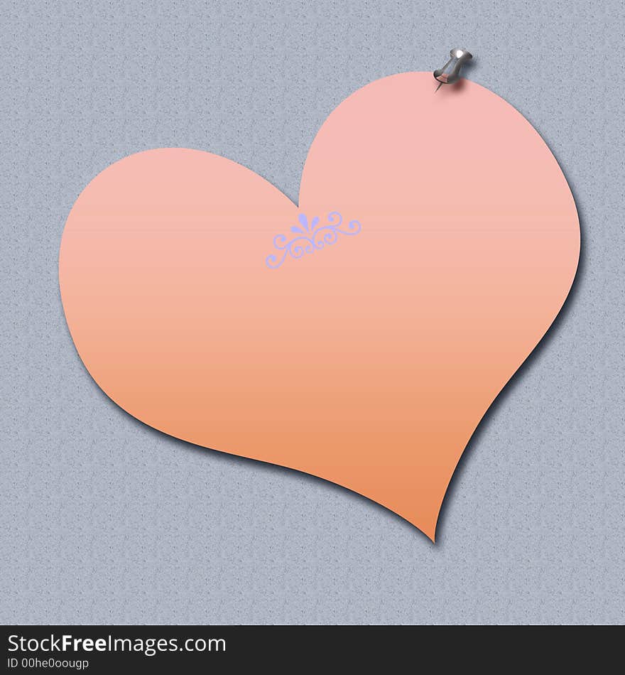 Pink heart shaped note thumbtacked on textured background. Pink heart shaped note thumbtacked on textured background