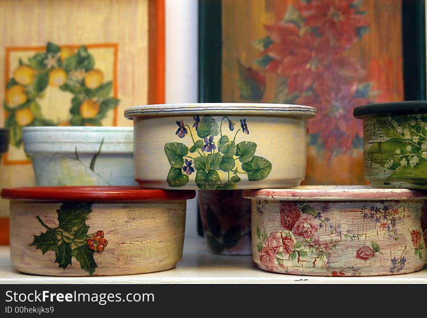 Several hand made decorated flowerpots