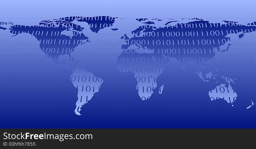 Blue and white vector world with binary numbers over the continents. Blue and white vector world with binary numbers over the continents