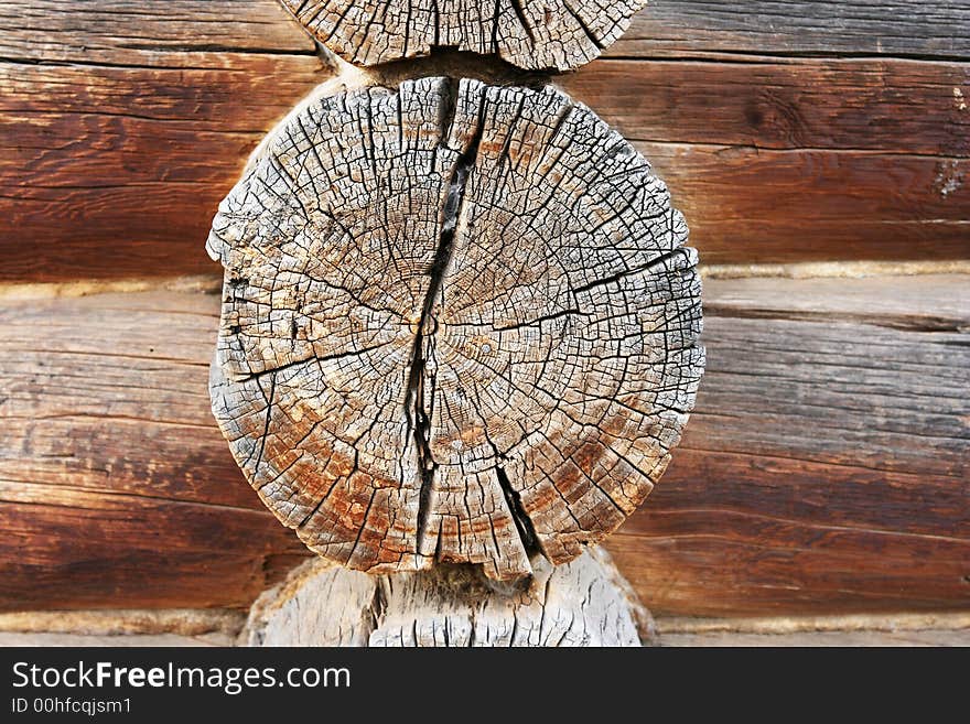 Logs in the wall of old russian izba in Suzdal (Russia)