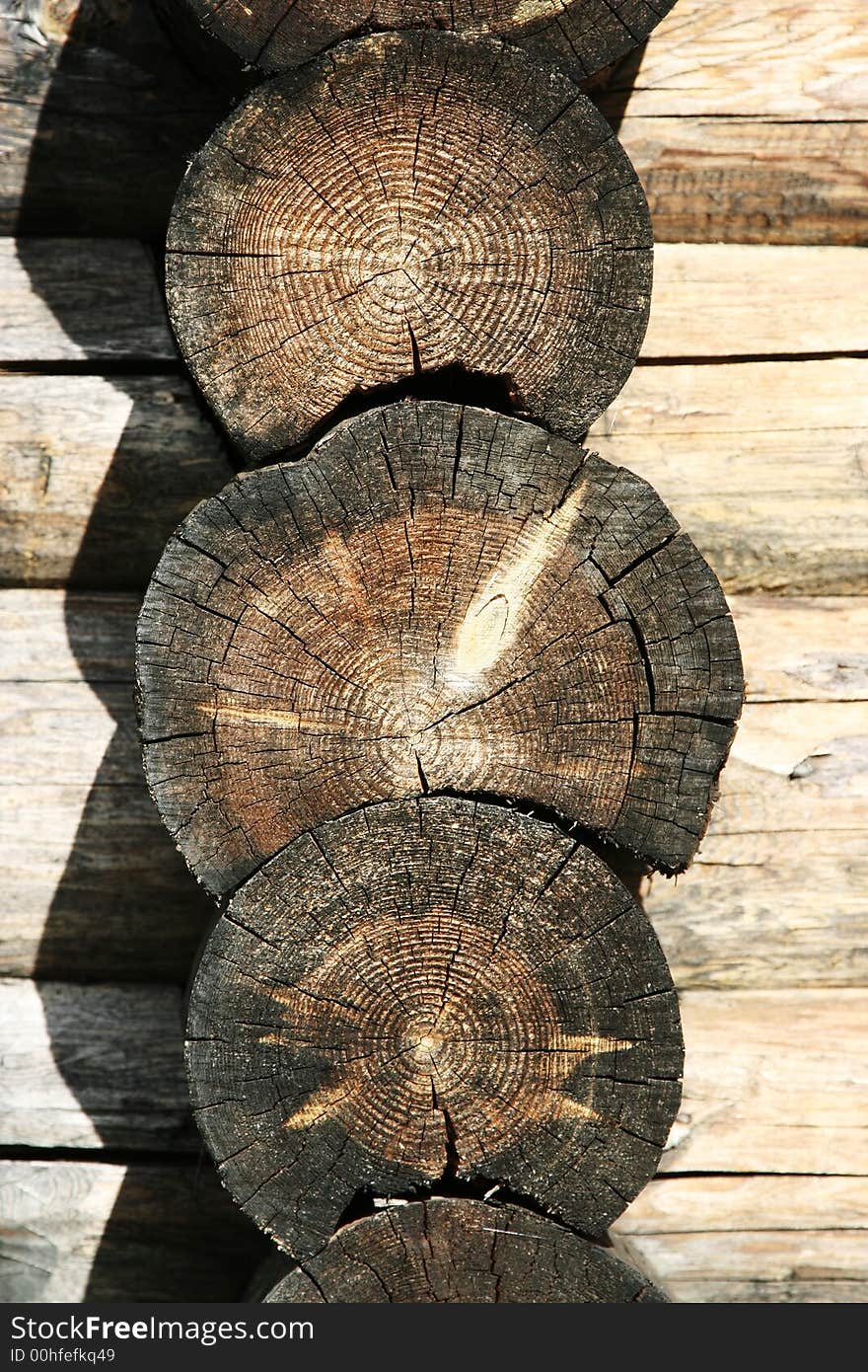 Logs in the wall of old russian izba in Suzdal (Russia)