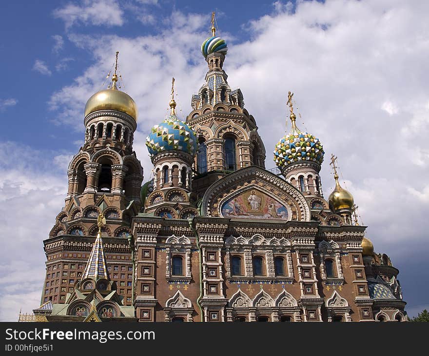 Golden tower top of a russian cathedral in St.Petersburg