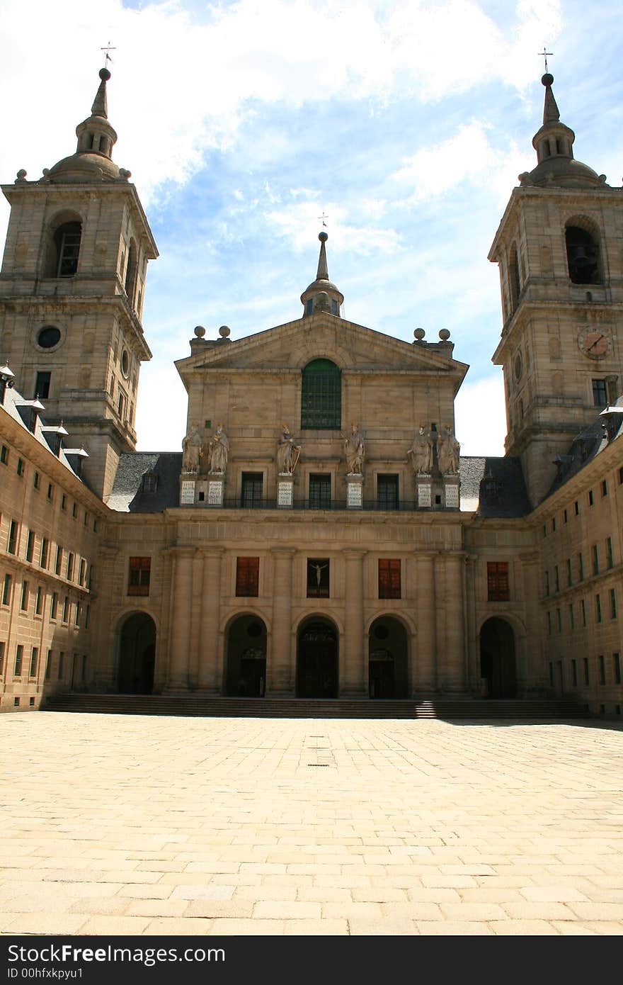 Entrance to basilica of Monastery of Escorial all built in granite stone, the statues represent Bible prophets and kings