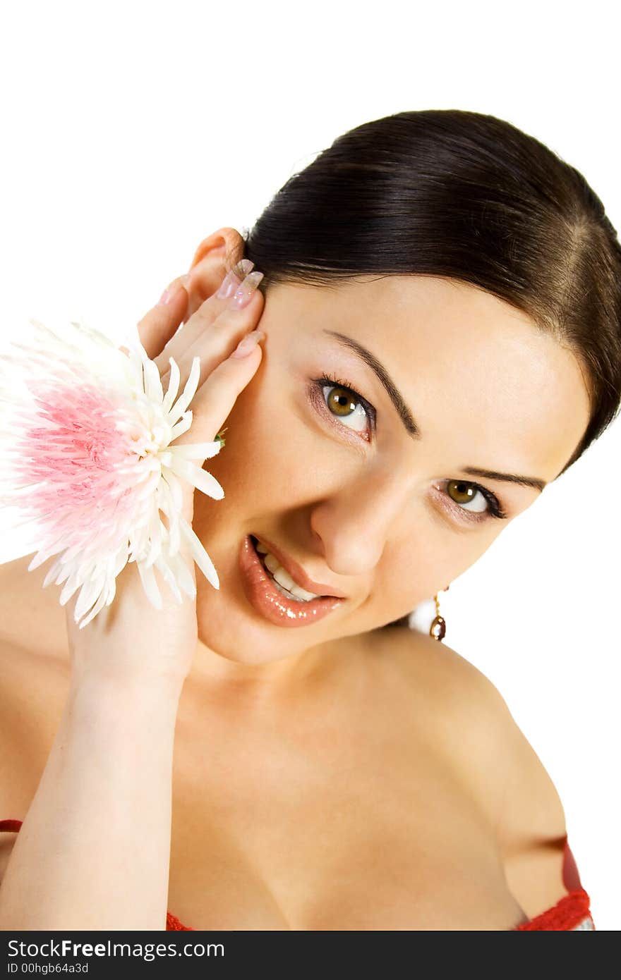 Gorgeous brunette with flower. Isolate on white.