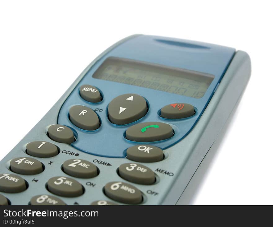 Wireless telephone, close-up, isolated on white background