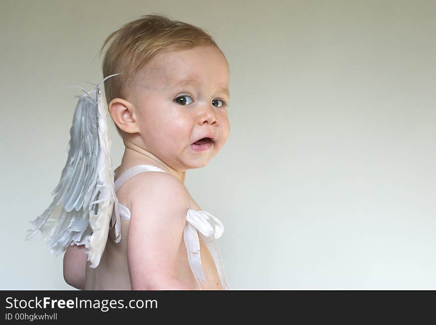 Image of an adorable toddler wearing angel wings. Image of an adorable toddler wearing angel wings