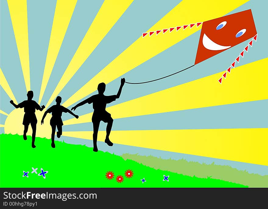 Vector illustration  playing children with kite