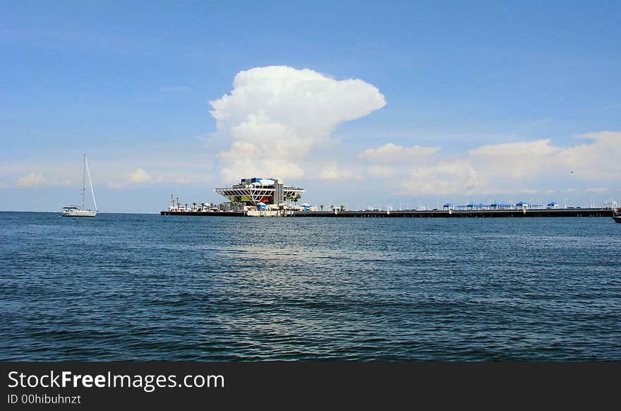 This is a ocean shot form a boat with the peir in the horizon. This is a ocean shot form a boat with the peir in the horizon