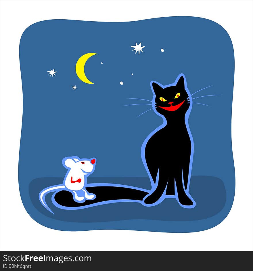 Black cat and the white mouse on a dark blue background. Black cat and the white mouse on a dark blue background.