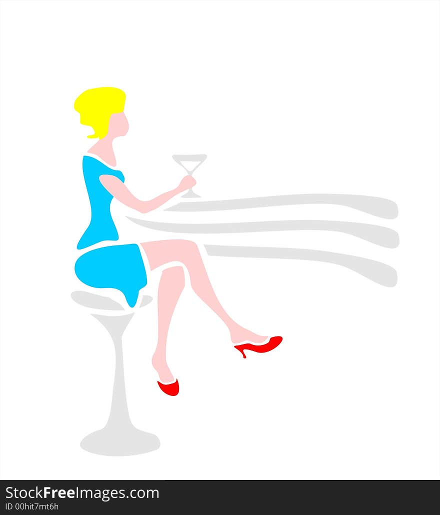 The girl in the blue dress, sitting at a bar rack. The girl in the blue dress, sitting at a bar rack.