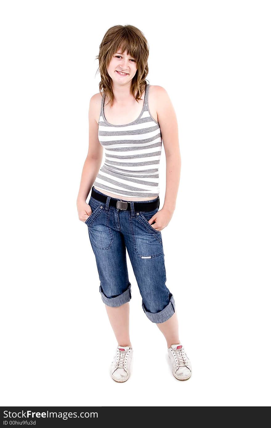 Teen girl is smiling in striped singlet