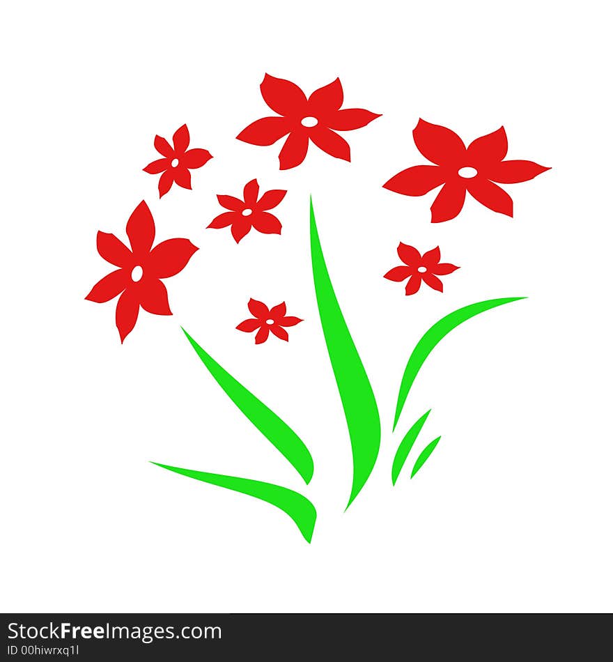 Red flowers with green leaves  on  white background. Red flowers with green leaves  on  white background