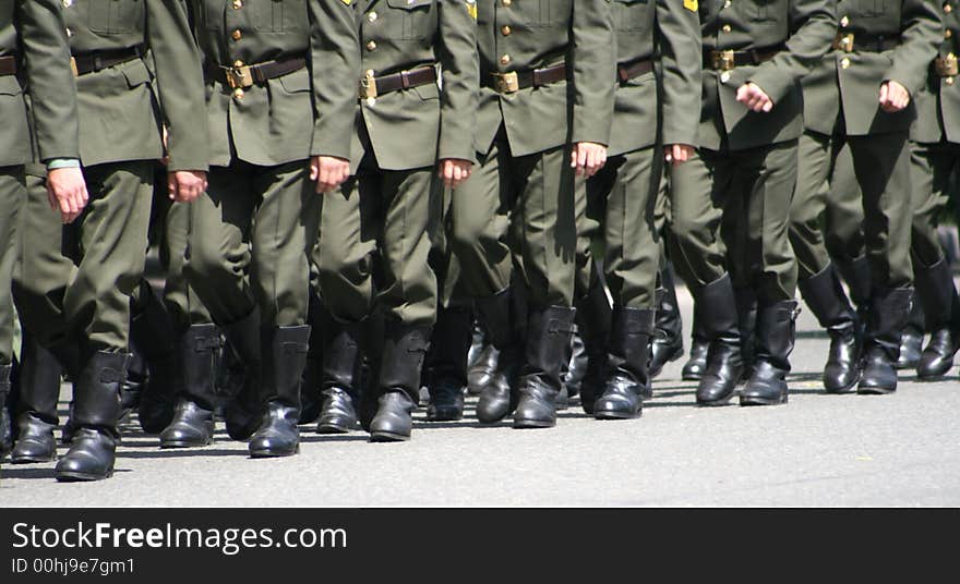 The division of soldiers carries out transition on city street. The division of soldiers carries out transition on city street