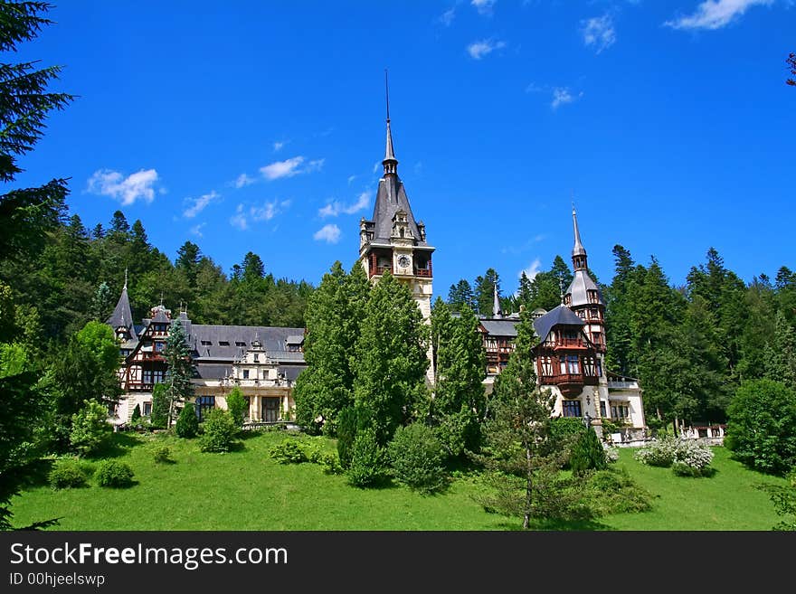 View over Peles castle in Sinaia Romania