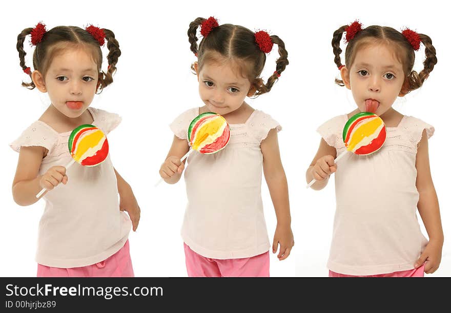 Little girl holding a lollipop with different expressions and emotions. Little girl holding a lollipop with different expressions and emotions.