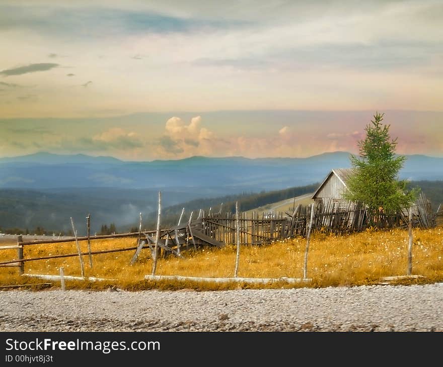 Mountain house in colorful sunset. Mountain house in colorful sunset