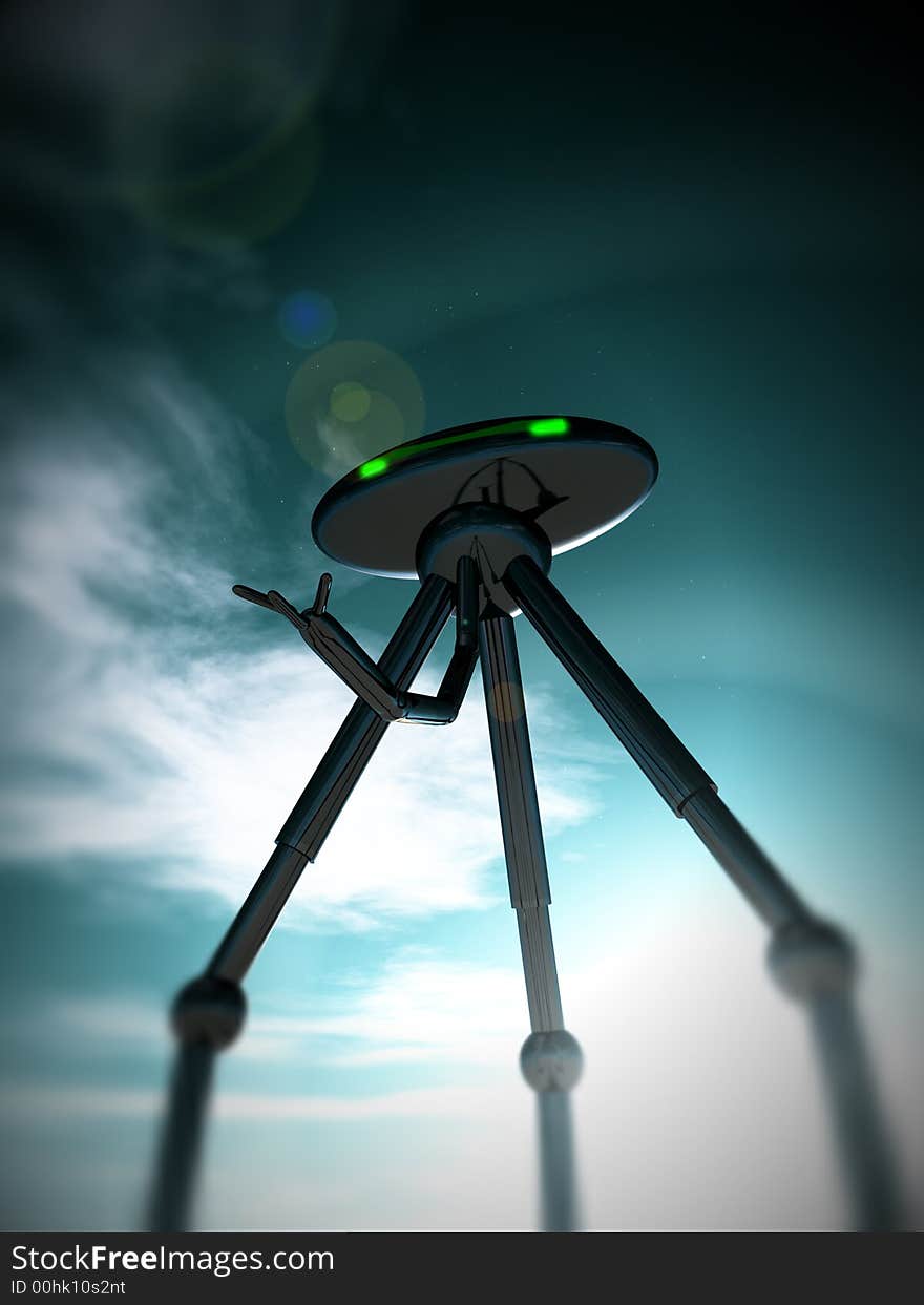 An image of an technological alien tripod transportation invasion vehicle against a sky background. An image of an technological alien tripod transportation invasion vehicle against a sky background.