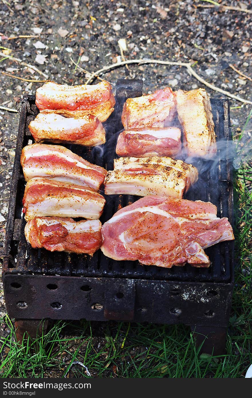 Picnic with fresh Steaks on Barbecue