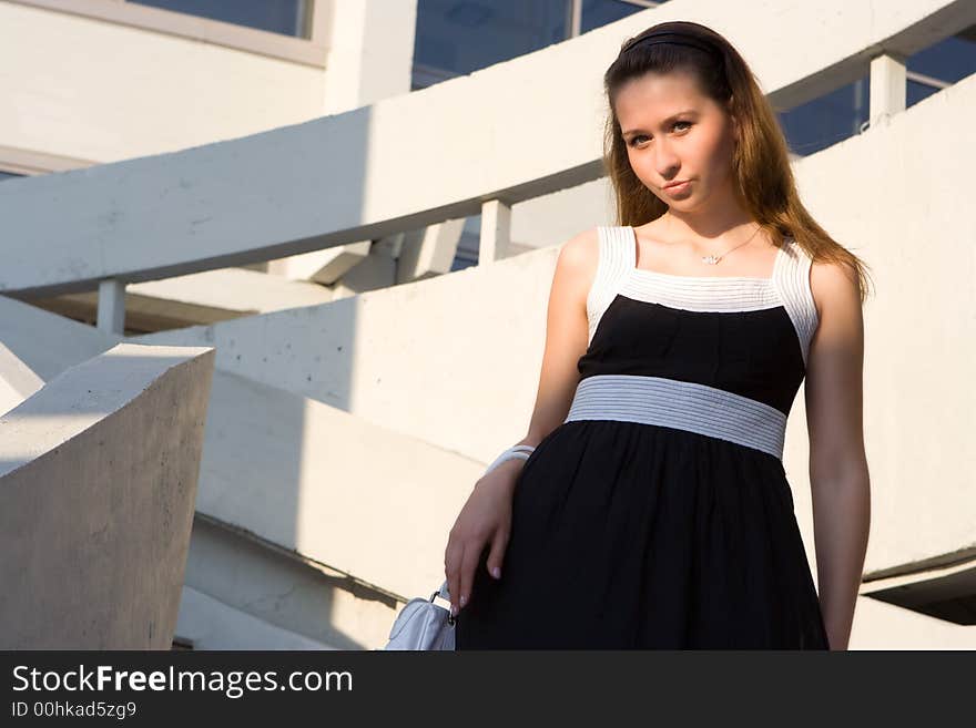 Woman on business building