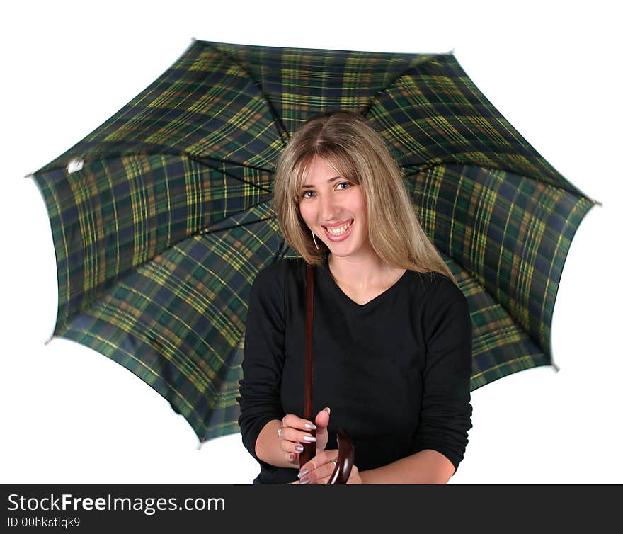 Beauty blonde girl with an umbrella on white background