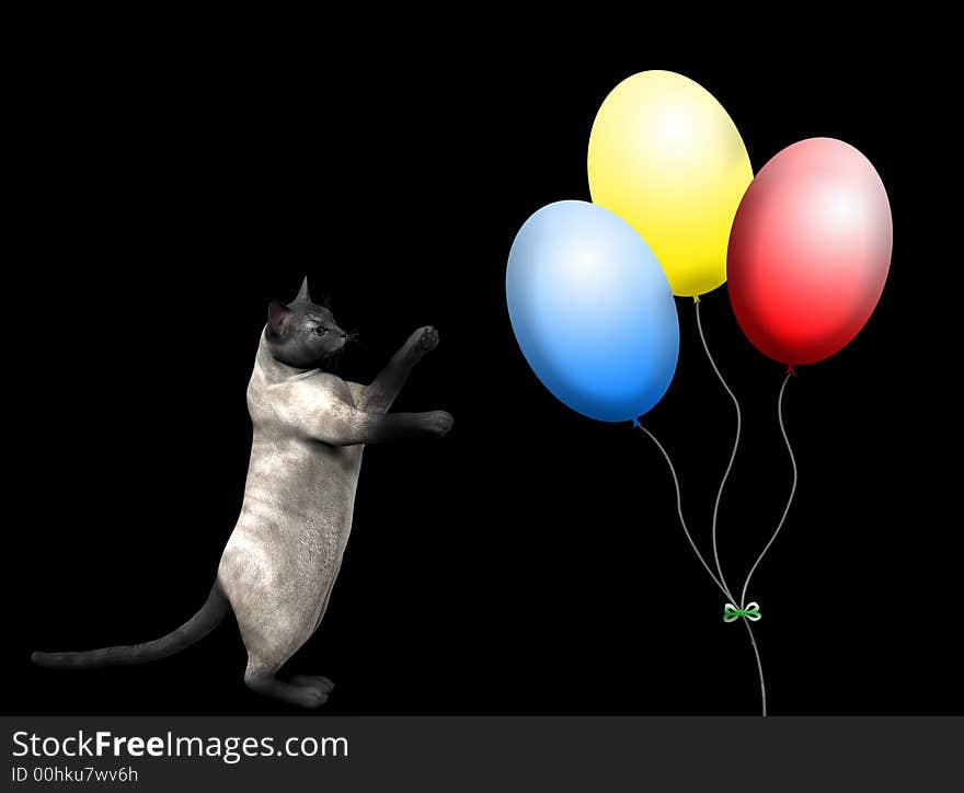 Cat playing with balloons against a black background