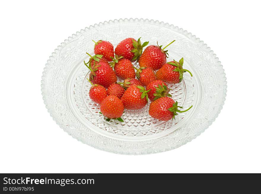 Strawberries on a glass dish, isolated on white background. Strawberries on a glass dish, isolated on white background