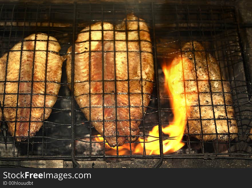 Fish Preparing On Fire, Grill.