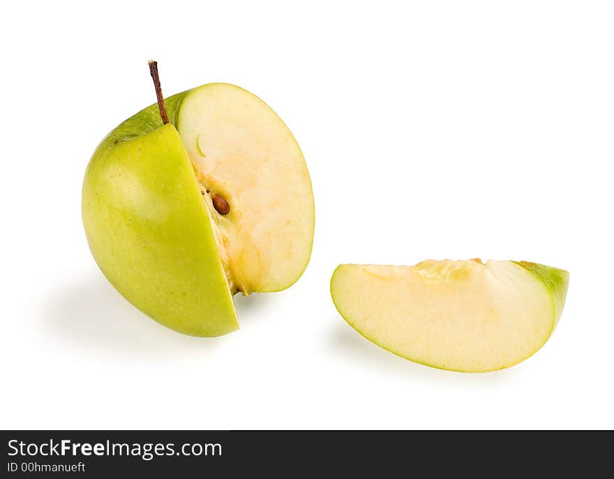 Sliced green ripe apple isolated on white background. Sliced green ripe apple isolated on white background